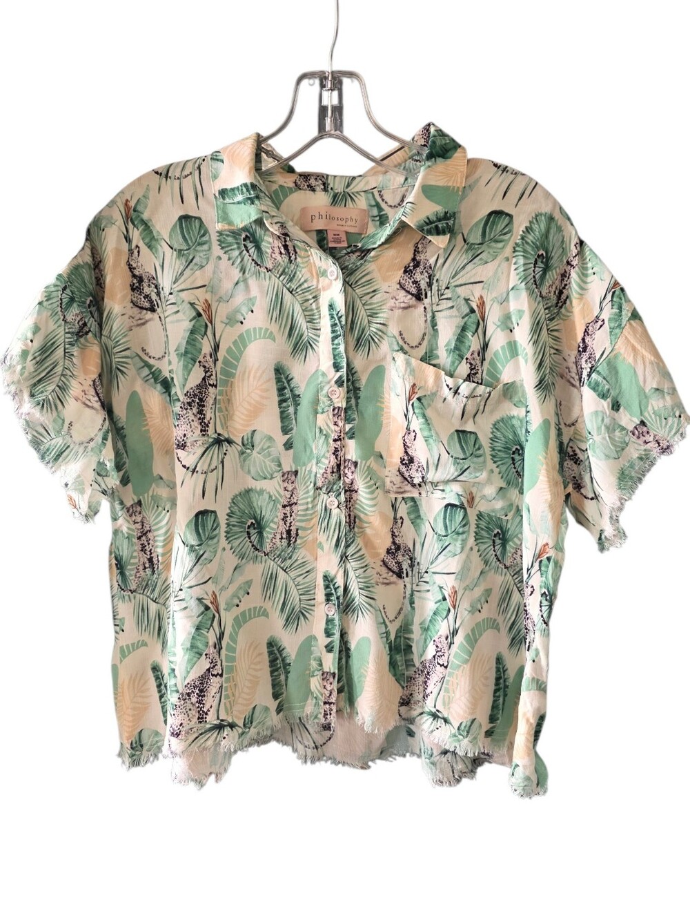 Philosophy Short Sleeve Button-Down Top In Tropical Print Size Medium